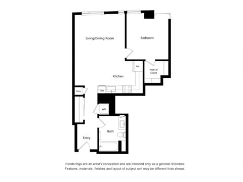 Floor plan for 1 bed, 1 bath, 753 sqft
